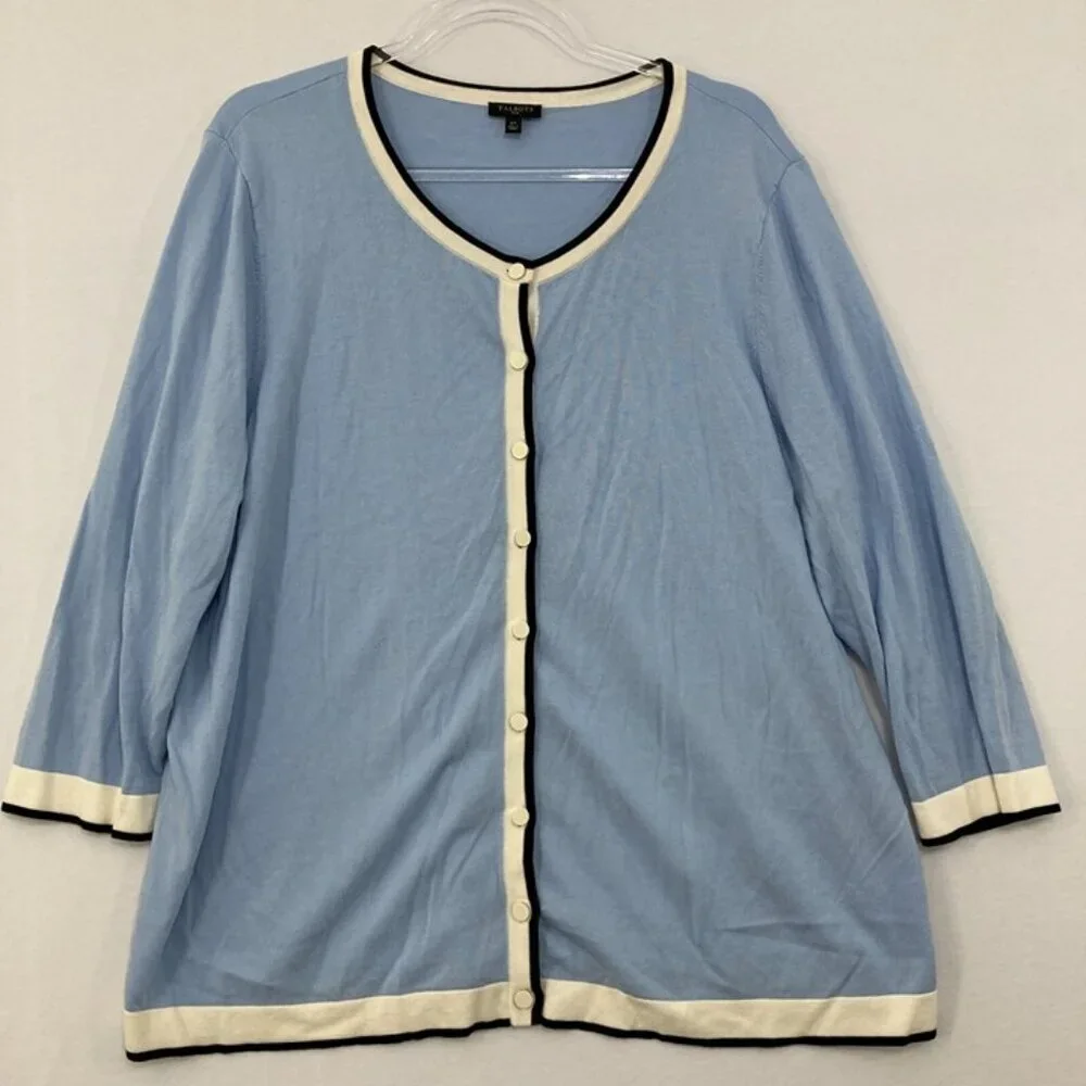Talbots size‎ 2X Blue White Preppy 3/4 Sleeve Light Stretch Knit Button Cardigan